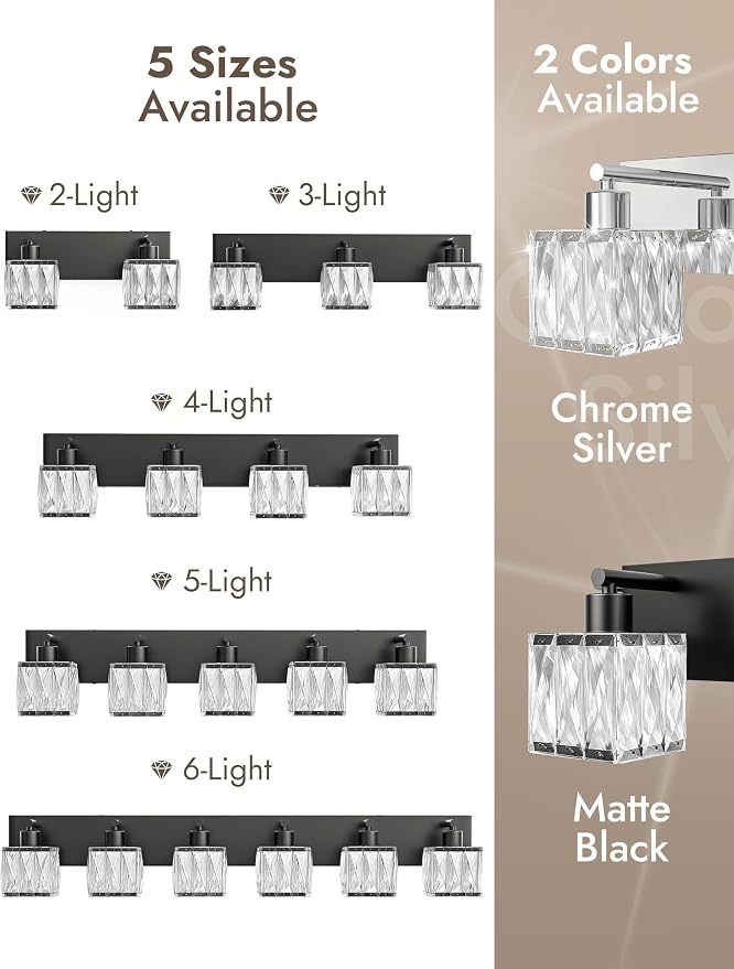 VOLISUN Black Bathroom Light Fixtures, Modern Bathroom Lighting Fixtures Over Mirror, 5 Light Bathrooms Vanity Light, Crystal Vanity Light for Bathrooms-UL Certificated(Exclude Bulb)
