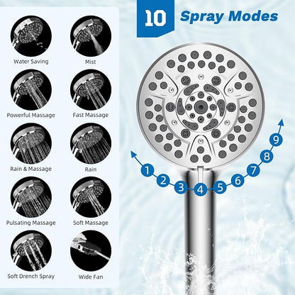 Hibbent 5-spray Dual Filtered Rainfall Shower Head with 10 Spray Handheld | High Pressure 13'' Showerhead Combo, Easy Reach 4-way Diverter Extension Arm with Pause Mode, 71'' Hose & Holder, Chrome
