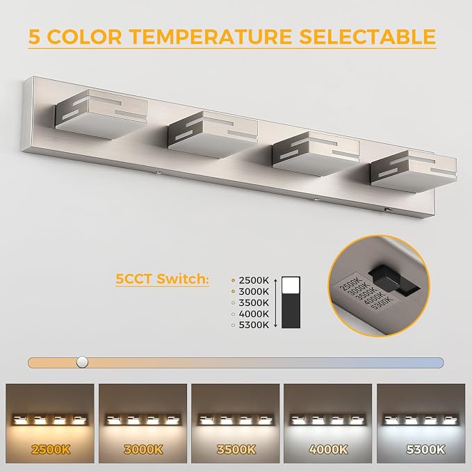 4-Light 5CCT Modern Bathroom Vanity Light Fixtures, 30-Inch 350° Rotatable LED Vanity Lights Over Mirror, Dimmable Brushed Nickel Wall Sconce with Frosted Acrylic Shade
