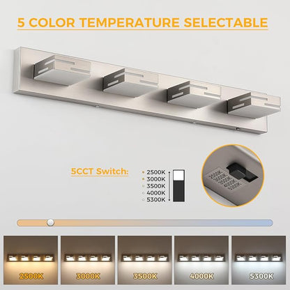 4-Light 5CCT Modern Bathroom Vanity Light Fixtures, 30-Inch 350° Rotatable LED Vanity Lights Over Mirror, Dimmable Brushed Nickel Wall Sconce with Frosted Acrylic Shade