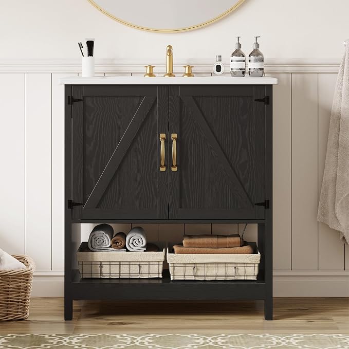 30 Inch Bathroom Vanity with Sink, Pedestal Sink Storage Cabinet with 2 Doors & LED Light, Mid-Century Modern Bathroom Vanity with Open Bottom Shelf, Black