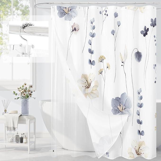 Long 3 in 1 Shower Curtain Set, 72x78 | Long 3 in 1 Shower Curtain Set, PEVA Liner Set & 12 Double Sided Steel Hooks, Waterproof Fabric Bathroom Curtain