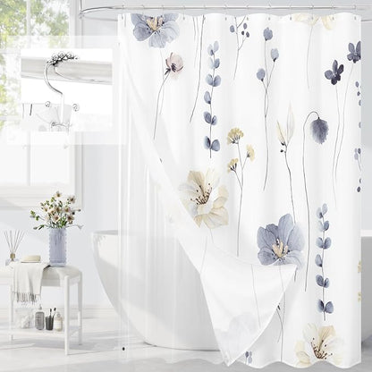 Long 3 in 1 Shower Curtain Set, 72x78 | Long 3 in 1 Shower Curtain Set, PEVA Liner Set & 12 Double Sided Steel Hooks, Waterproof Fabric Bathroom Curtain