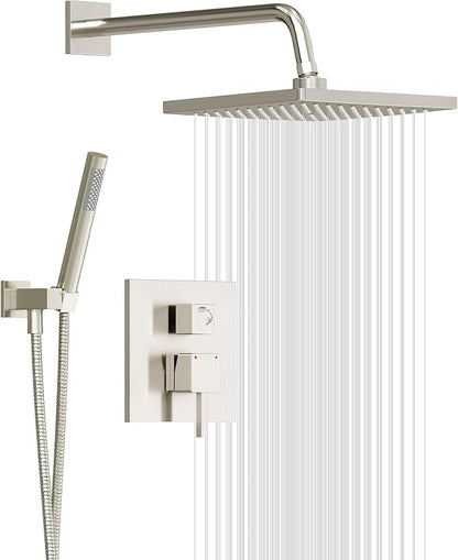 Esnbia Shower System, Shower Faucet Set with Shower Valve, 10 Inches Shower Heads with Handheld Spray Combo, Wall Mounted Shower Fixtures, High Pressure Shower Hardware Set, Brushed Nickel