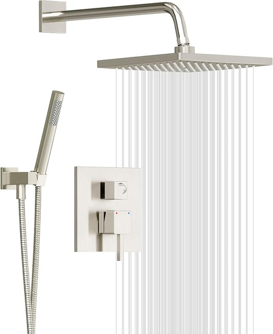 Esnbia Shower System, Shower Faucet Set with Shower Valve, 10 Inches Shower Heads with Handheld Spray Combo, Wall Mounted Shower Fixtures, High Pressure Shower Hardware Set, Brushed Nickel