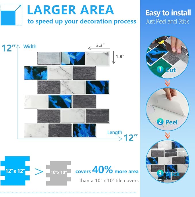 STICKGOO Subway Tile Peel and Stick Backsplash, Thicker Design 12" x 12" Stick on Backsplash Tiles for Kitchen, Bathroom, Wall Tile (10 Sheets, Blue Grey)