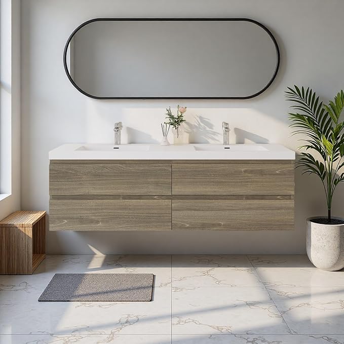 72" Floating Bathroom Vanity with Sink, Modern Wall Mounted Vanity with Resin Top Basin and 4 U-Shaped Soft-Close Storage Drawers, Bathroom Storage Cabinet with Invisible Handle, Grey