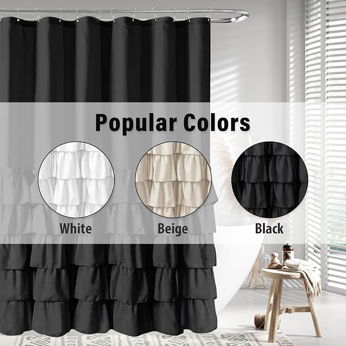 Seasonwood Black Ruffle Shower Curtain Farmhouse Shower Curtain 72 X 84 | Natural button accents, layered fabric tiers, shabby chic and French country styling for decorative bathroom updates