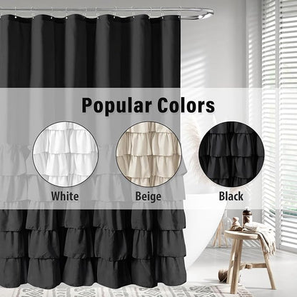 Seasonwood Black Ruffle Shower Curtain Farmhouse Shower Curtain 72 X 84 | Natural button accents, layered fabric tiers, shabby chic and French country styling for decorative bathroom updates