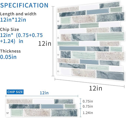 10-Sheet Peel and Stick Kitchen Backsplash Tiles | 3D Waterproof Self Adhesive Wall Tile Stick on Backsplash for Kitchen and Bathroom(Sage Green,12"×12")