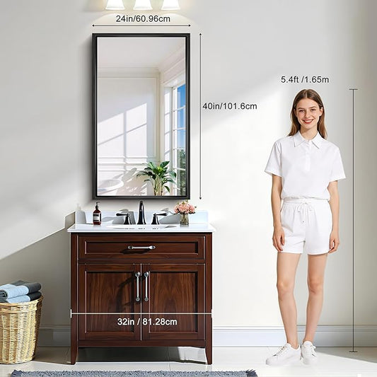 CIRCUMI 24"x40" Black Mirror with Chunky Box Metal Frame, Brushed Finish Rectangular Bathroom Mirrors for Over Sink, Living Room, Entryway, Tempered Glass Mirror for Wall, Vertical or Horizontal
