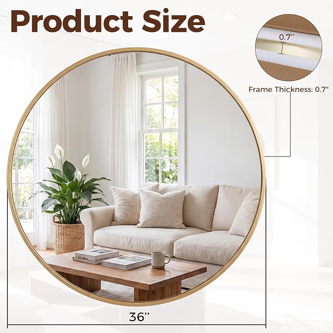 Sweetcrispy 36 Inch Round Wall Mirror, Bathroom Mirrors for Over Sink | Matte Metal Framed, Wall Decor for Bedroom, Entryway, Anti-Rust, Tempered Glass, Hanging or Leaning, Gold