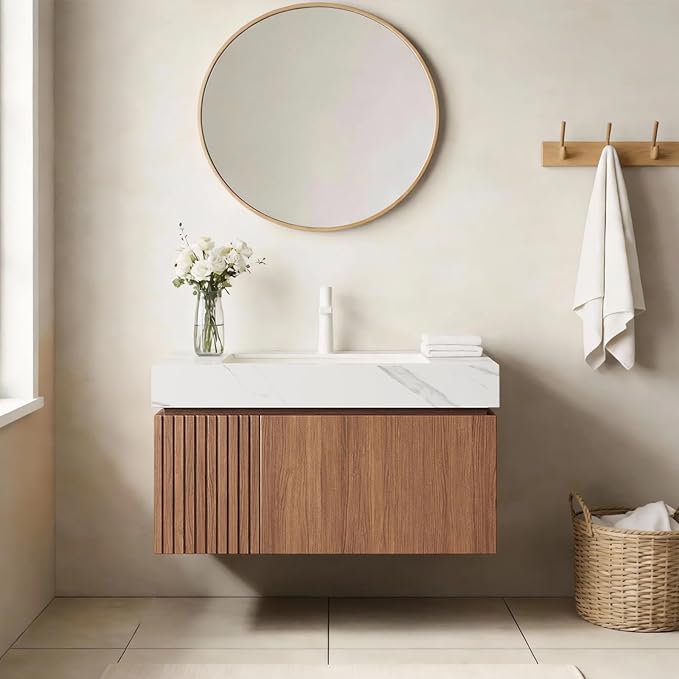 Ambrovina 30" Floating Bathroom Vanity with Sink, Modern Plywood Bathroom Storage Cabinet with Drawer and Door, Carrara White Sintered Stone Countertop, White Ceramic Basin, Pre-Assembled, Dark Oak