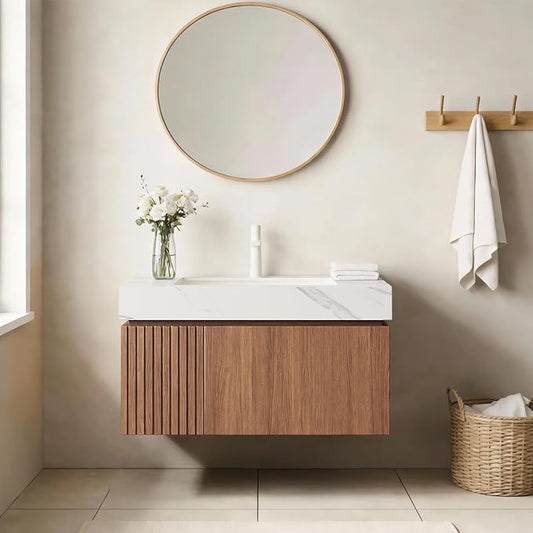 Ambrovina 30" Floating Bathroom Vanity with Sink, Modern Plywood Bathroom Storage Cabinet with Drawer and Door, Carrara White Sintered Stone Countertop, White Ceramic Basin, Pre-Assembled, Dark Oak