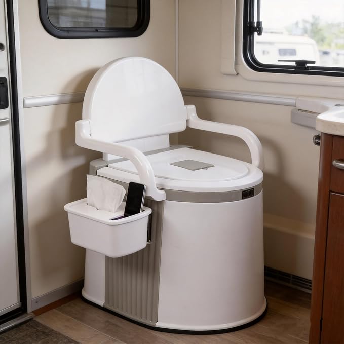 Portable RV Toilet with 5 Gallon Detachable Inner Bucket, Removable Paper Phone Holder & Handrails Lightweight Compact for Camping Travel, Fishing, Hiking – Easy Setup, No Water Required
