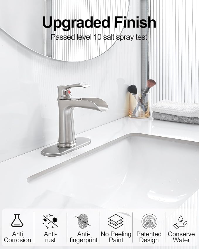 Waterfall Bathroom Faucet, Brass Brushed Nickel Bathroom Faucets, Single Handle Bathroom Sink Faucet, 4 Inch Vanity Faucet 1 Hole or 3 Holes with Drain Deck Plate & Supply Hoses for RV Lavatory