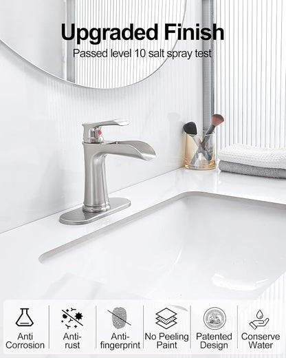 Waterfall Bathroom Faucet, Brass Brushed Nickel Bathroom Faucets, Single Handle Bathroom Sink Faucet, 4 Inch Vanity Faucet 1 Hole or 3 Holes with Drain Deck Plate & Supply Hoses for RV Lavatory