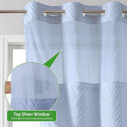 eachope no Hook Shower Curtain and Liner Set，Boho Style with See Through Top Window, Blue Fabric Tufted Striped Textured Outer Curtain & Waterproof Inner Liner, FrostBlue, 71Wx80H