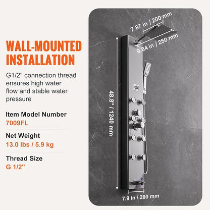 VEVOR Shower Panel Tower System, 5 Shower Modes, Digital Display Shower Panel, Rainfall, 8 Massage Jets, Tub Spout, 3-Setting Handheld Shower Head 59" Hose, Stainless Steel Wall-Mounted Shower Set