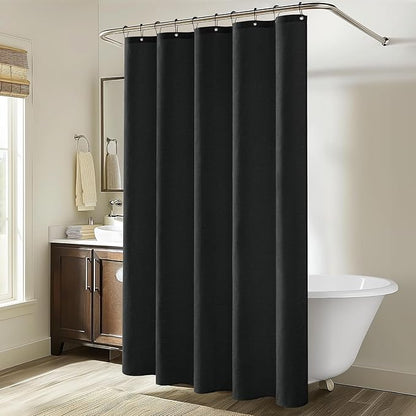 MIULEE W60*L84 Extra Long Linen Shower Curtain Black 10 Metal Hooks | Washable, Fabric Curtain Set, Waterproof Neutral Thick Cloth Shower Curtain, Bathroom Hotel Bathtub