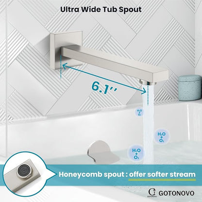 gotonovo Bathtub Shower Faucet Set, 12 Inch Shower Head, Brushed Nickel | Wall Mounted Shower System with Tub Spout for Bathroom, Square High Pressure Rain Shower head with Handheld Spray, All Metal