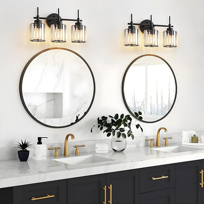 3 Light Black Crystal Vanity Light, Modern Bathroom Vanity Light Over Mirror, Up and Down Mount Wall Sconce Lighting for Bathroom Bedroom Living Room Hallway