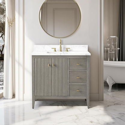 Vanity Art 36 inch Bathroom Vanity with Single Sink & Ceramic Top, Vanity Cabinet with Soft-Closing Door, Solid Wood Frame, Linear Pattern, Driftwood Gray, Golden Brushed Handware VA9136-DG-GB