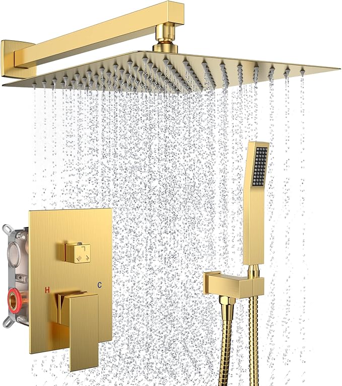 Brushed Gold Rain Shower System Faucet Set with Handheld, 12 inch | Solid Metal Wall Mount Rainfall Shower Set with Safe Anti-Scald Valve, Air Injection High Pressure Water Saving Combo