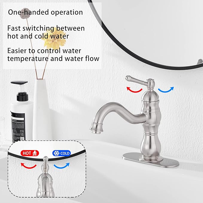 Bathroom Faucet Brushed Nickel GGStudy 360° Swivel Bathroom Vanity Faucet Single Handle One Hole Bathroom Sink Faucet Basin Matching Pop Up Drain with Overflow