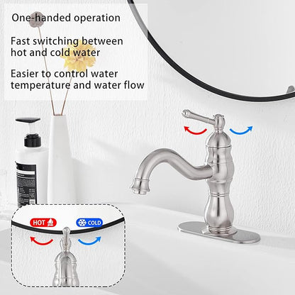 Bathroom Faucet Brushed Nickel GGStudy 360° Swivel Bathroom Vanity Faucet Single Handle One Hole Bathroom Sink Faucet Basin Matching Pop Up Drain with Overflow