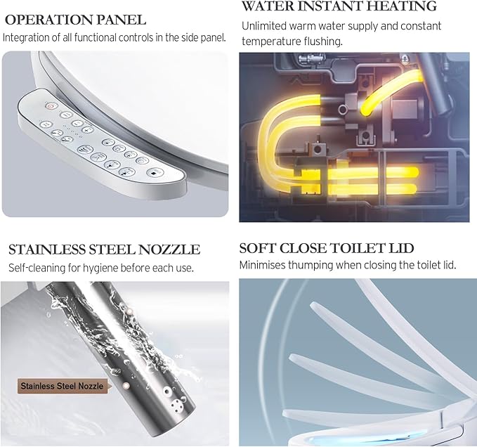 Fixing Side Panel Control Elongated Bidet Toilet Seat with Warm Water Wash, Air Dryer, Heated Seat, LED Display, Self-Cleaning Nozzle, Night Light & Multiple Cleaning Modes