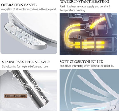 Fixing Side Panel Control Elongated Bidet Toilet Seat with Warm Water Wash, Air Dryer, Heated Seat, LED Display, Self-Cleaning Nozzle, Night Light & Multiple Cleaning Modes