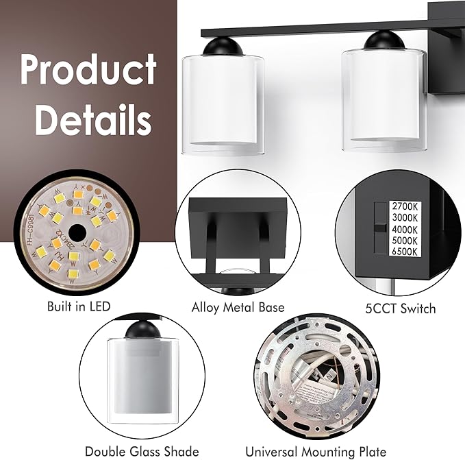 Quntis Black Bathroom Lighting Fixtures Over Mirror with 5 Color Modes, 4 Light Dimmable LED Bathroom Vanity Light, with Eye Care Milk White Frosted Glass, 28W Energy Saving, 27 Inch (Bulbs Included)