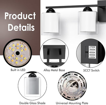 Quntis Black Bathroom Lighting Fixtures Over Mirror with 5 Color Modes, 4 Light Dimmable LED Bathroom Vanity Light, with Eye Care Milk White Frosted Glass, 28W Energy Saving, 27 Inch (Bulbs Included)