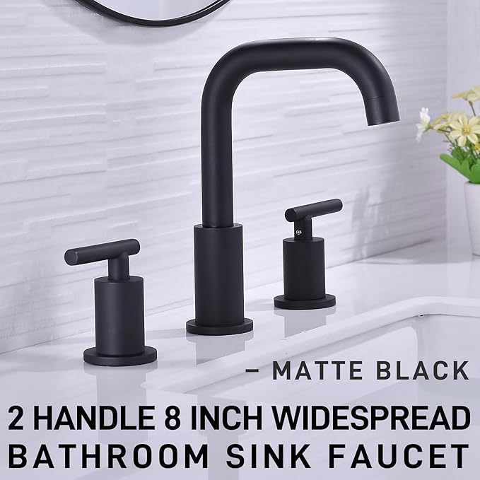 TRUSTMI 2-Handle 8 Inch Widespread Bathroom Sink Faucet, 3 Hole Brass Bathroom Faucet with cUPC Water Supply Lines and Pop Up Drain Assembly, Matte Black