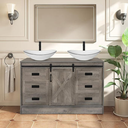 48 inch Barn Door Bathroom Vanity with 6 Drawers, Farmhouse Style Standing Pedestal Cabinet with Two White Ceramic Boat Sink with Black Trim