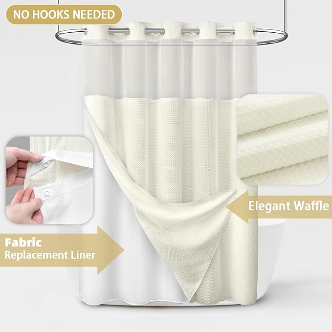 No Hook Shower Curtain and Liner Set,Cream Hotel Waffle Shower Curtain with Liner 81" L x 72" W