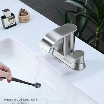 Ultimate Unicorn Waterfall Bathroom Sink Faucet Brushed Nickel, Two Handles Bathroom Faucet with Metal Pop up Sink Drain Stopper, Two Or 3 Holes Bathroom Basin Mixer Tap with Deck Mount Plate