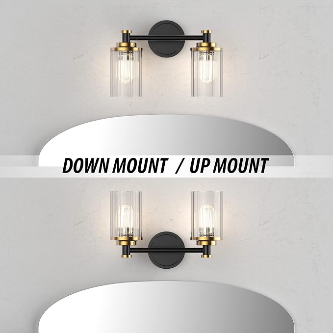Bathroom Lighting Fixtures Black and Brass Bathroom Vanity Light with Cylindrical Clear Stripes Glass Lampshade E26 Socket Base Bathroom Lighting Fixtures Over Mirror (2 Lights)