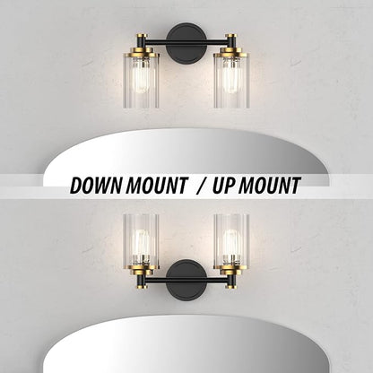 Bathroom Lighting Fixtures Black and Brass Bathroom Vanity Light with Cylindrical Clear Stripes Glass Lampshade E26 Socket Base Bathroom Lighting Fixtures Over Mirror (2 Lights)