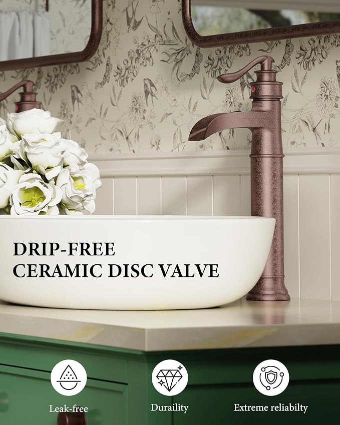 Vessel Sink Faucet Copper Tall Bathroom Faucets Waterfall Single Handle | 1 Hole Farmhouse Antique with Pop up Drain Assembly and Supply Lines Mixer Tap Without Overflow Counter Top by Homevacious
