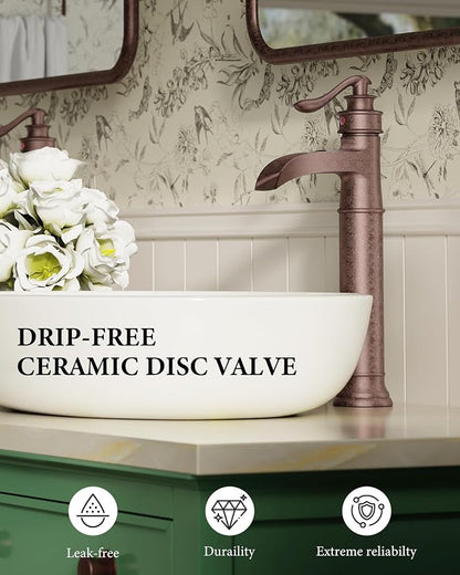 Vessel Sink Faucet Copper Tall Bathroom Faucets Waterfall Single Handle | 1 Hole Farmhouse Antique with Pop up Drain Assembly and Supply Lines Mixer Tap Without Overflow Counter Top by Homevacious