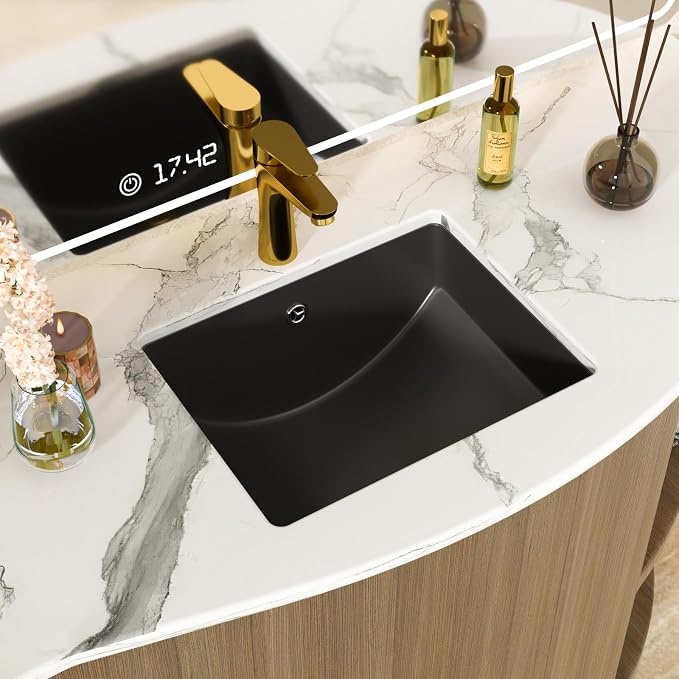 Black Undermount Bathroom Sink 18"x14"Ceramic Basin | Modern Porcelain Under Counter Bathroom Vanity Sink, Interior Bowl 16.3"x 16.9", Rectangular Undermount Basin with Overflow