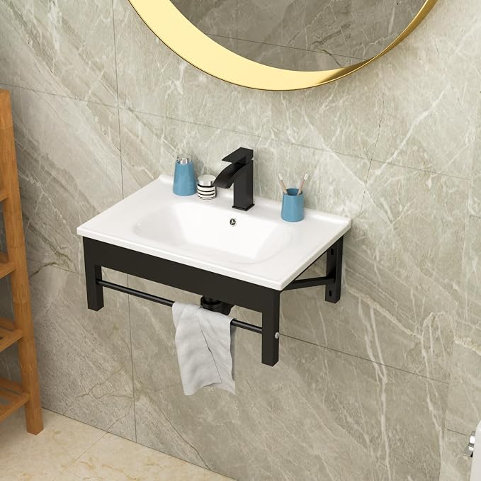 Lordear Wall Mounted Bathroom Sink with Towel Rack 24 x 16 Inch Modern Black Wall Hung Sink for ADA Bathrooms, Rectangular One Hole Porcelain Vanity Sinks