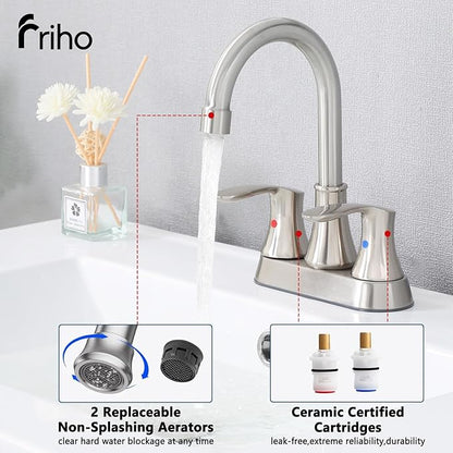Friho 4 Inch Centerset Bathroom Faucet, Brushed Nickel Bathroom Faucets for Sink 3 Hole, Lead-Free 2 Handle Stainless Steel RV Bath Vanity Faucet with Pop-up Drain and Supply Lines