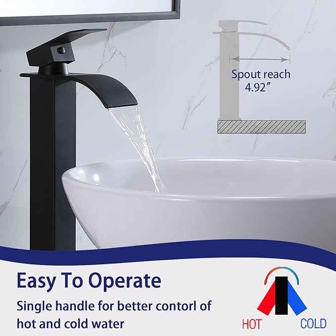 VAPSINT Vessel Sink Faucet, Matte Black Waterfall Tall Bathroom Faucet 1 Hole, Modern Single Handle Stainless Steel Bathroom Sink Faucet with Water Supply Lines & Pop Up Drain