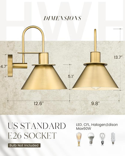 Wall Sconces for Bathroom Set of 2, HWH Wall Mount Lighting with Metal Shade, Indoor Gold Wall Lights for Living Room Mirror Kitchen, Gold Finish, 5HZG56BL-2 BG