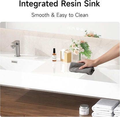 60 Inch Floating Bathroom Vanity with Double Sink, Modern Wall-Mounted Bathroom Cabinet with Resin Sink & Soft Close Drawers, Split-Level Layout (Walnut, 60" Double Sink)