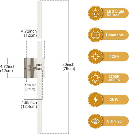 Bathroom Light Fixture LED Vanity Light 30" 5CCT Wall Sconce 28W | LED Dimmable Wall Light Nickel Modern 360° Lighting, Hardwired Vanity Light for Bathroom Mirror, Flicker-Free