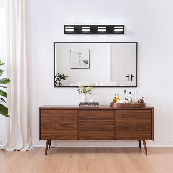 Bathroom Lighting Fixtures Over Mirror, 4 Light Black Vanity Light | Cool White, 5000K, Modern Vanity Wall Lights for Bath, Dressing Room, Restroom, 29.5 inch